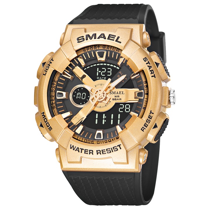 Мъжки часовник Smael Casual Fashion Sport Analog Digital Quartz Водоустойчивост 5 ATM Gold