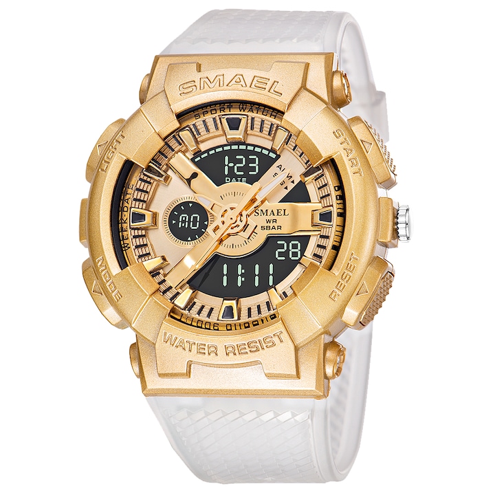 Мъжки часовник Smael Casual Fashion Sport Analog Digital Quartz Водоустойчивост 5 ATM Gold White