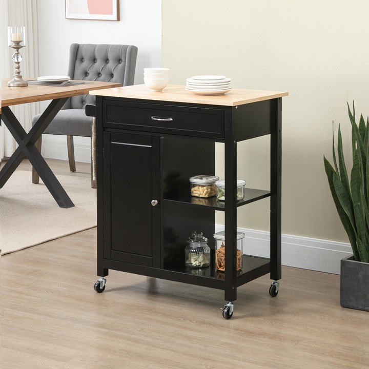 Кухненски шкаф Homcom, MDF, Колелца 83x45x88 см, Черен / Светлокафяв