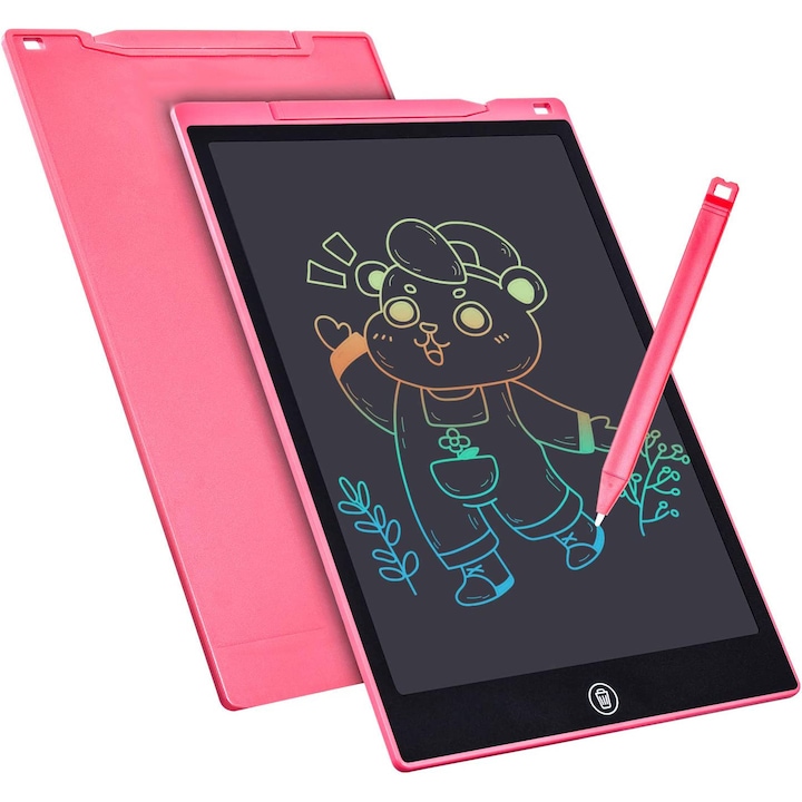 Tableta de scris si desenat Multicolor Kimystam®, 12 inch, LCD, Ecran color, stilou magnetic, Roz