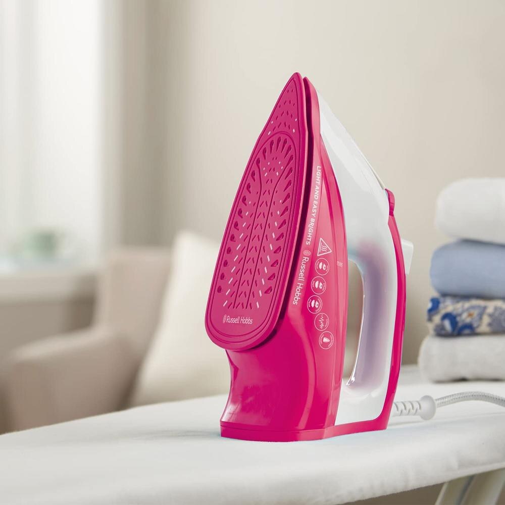 Fier de calcat Russell Hobbs Light & Easy Brights Berry 26480-56, talpa ceramica colorata infuzata cu balsam, 2400 W, 115 g/min, roz/alb