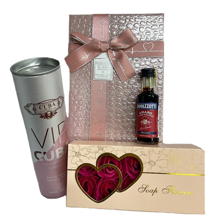 Set cadou Glamour pentru femei, Parfum Cuba, Vip 100ml, Trandafiri din sapun, Lichior Ramazzotti Amaro si cutie roz 21x14x8 cm