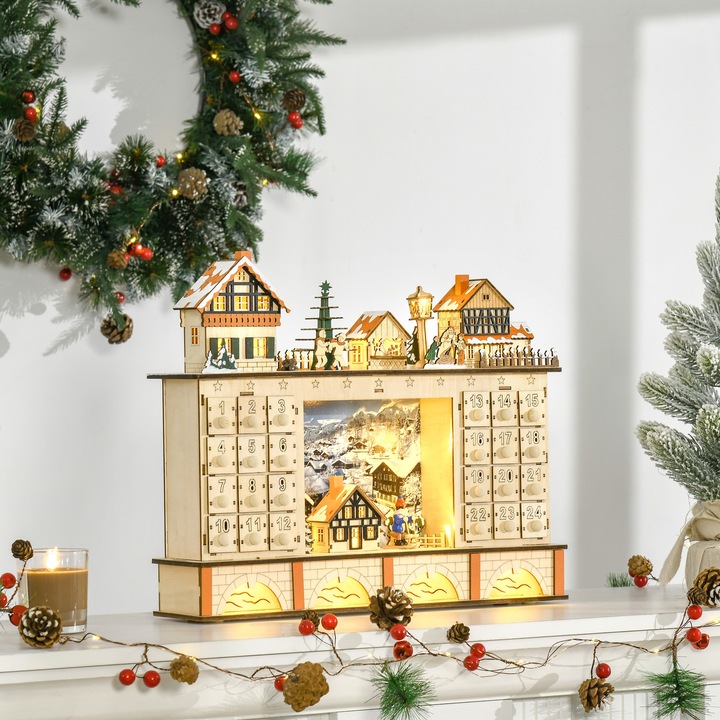 Адвент календар Homcom, Дърво, LED, 44x10x37 см, Светлокафяв