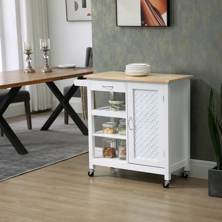 Кухненска количка Homcom, MDF и Метал, 92x40x84 см, Бял / Светлокафяв
