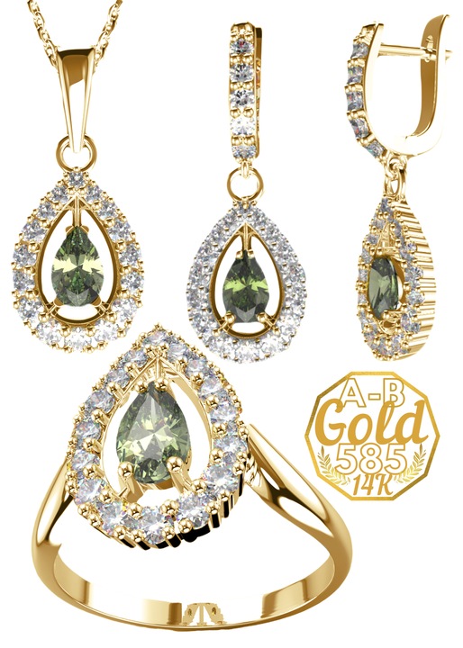 Set de bijuterii Queen cu moldavit si zirconi din aur galben