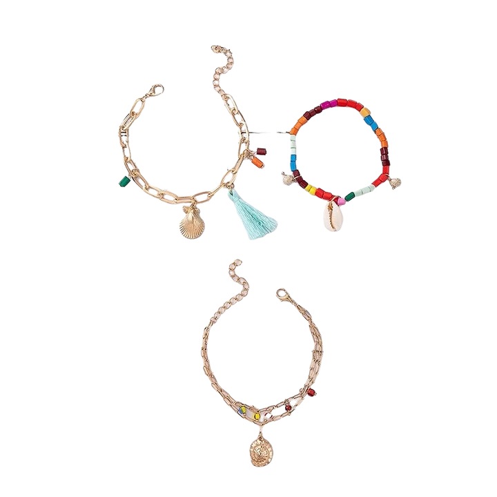 Set 4 bratari, aurii, cu margelute colorate si scoici, Stephie C3, Pursehuit