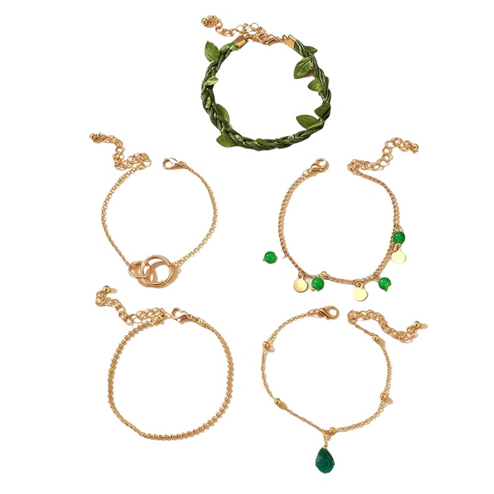 Set 5 bratari, aurii, cu margelute verzi, Stends C3, Pursehuit