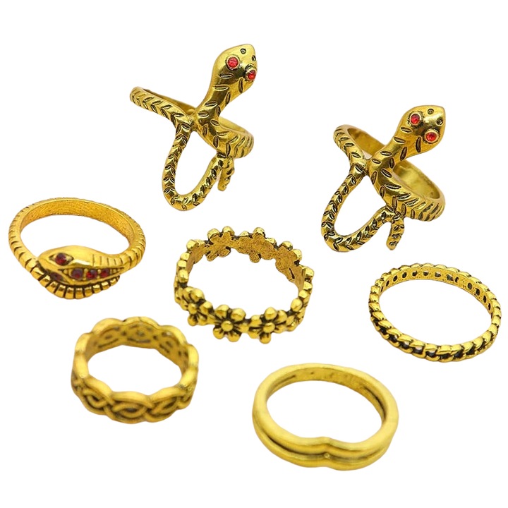 Set 7 inele aurii, cu pietre, Pursehuit, Auriu, Universal