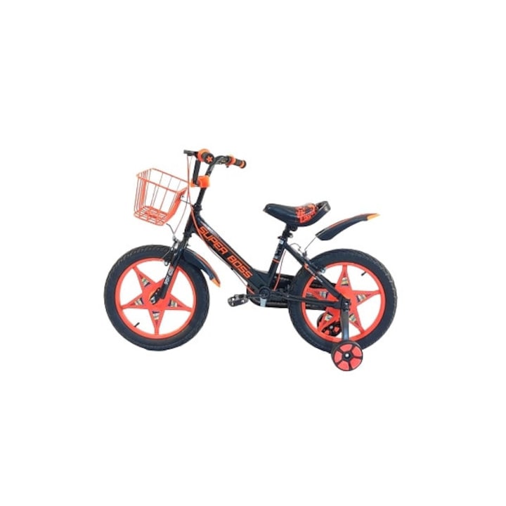 Детски велосипед Go Kart Super Boss 16 цола, 4-6 години, помощни колела, калници, звънец, черен с оранжев цвят
