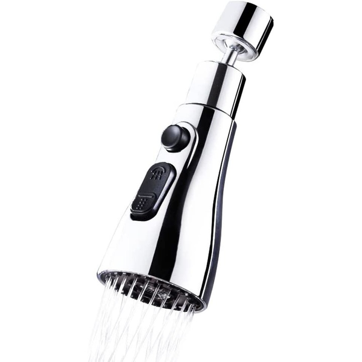 Economizor Apa Aerator Universal argintiu, atasabil la robinet, filtru anti-stropire cu trei nivele de viteza, antiscurgeri, rotativ la 360°