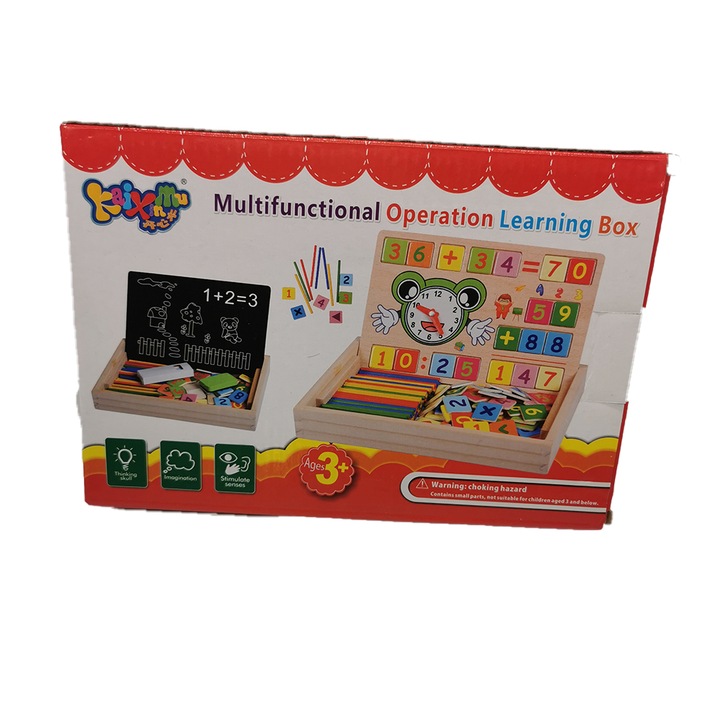 Tablita din lemn 2 fete, pentru creta si incastru, cu marker, creta, betisoare, burete si 58 piese incastrabile, 23x16 cm, VisionXXI