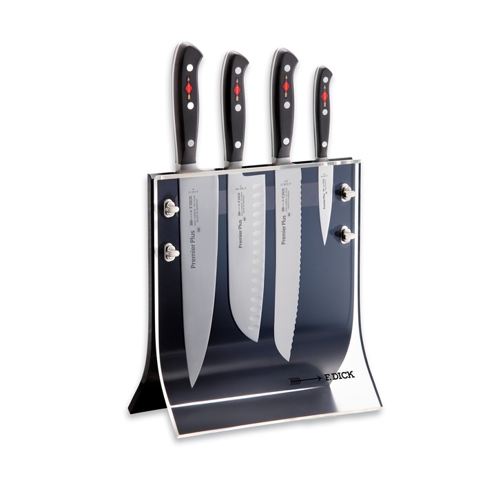 Set 4 cutite forjate F.DICK PREMIERPLUS si suport acrilic Negru/Argintiu