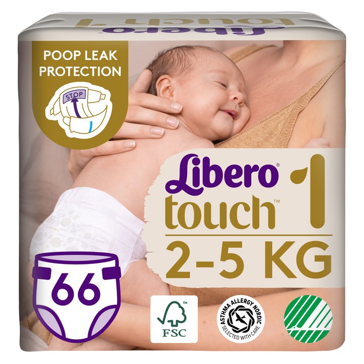Libero Touch pelenka, Újszülött 1, 2-5 kg, havi pelenkacsomag, 66 db