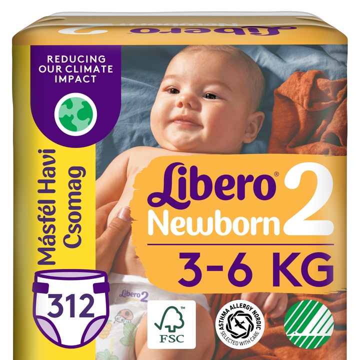 Libero Newborn pelenka 2, 3-6 kg, másfélhavi havi pelenkacsomag, 312 db