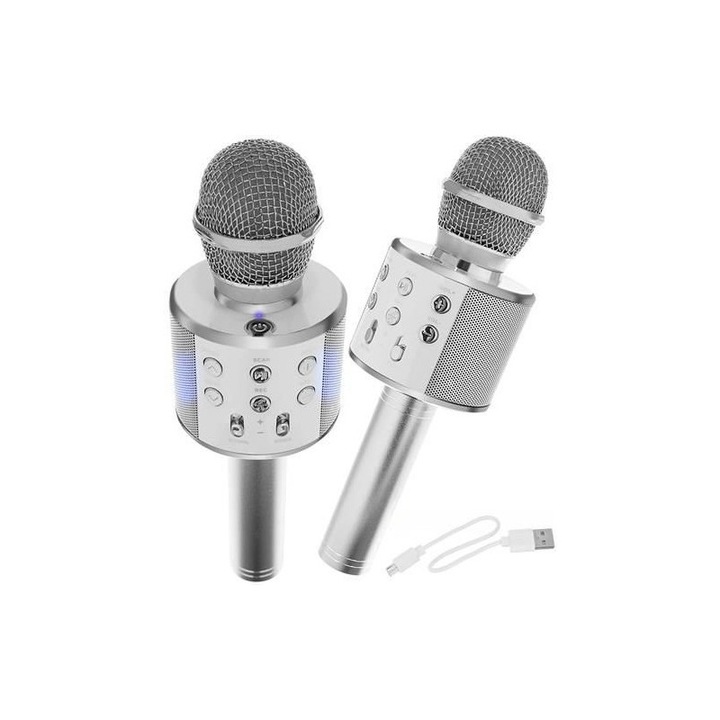 Vezeték nélküli bluetooth karaoke mikrofon, SD kártya, AUX, 1200 mAh lítium-ion, 23x7,5x7,5 cm, ezüst