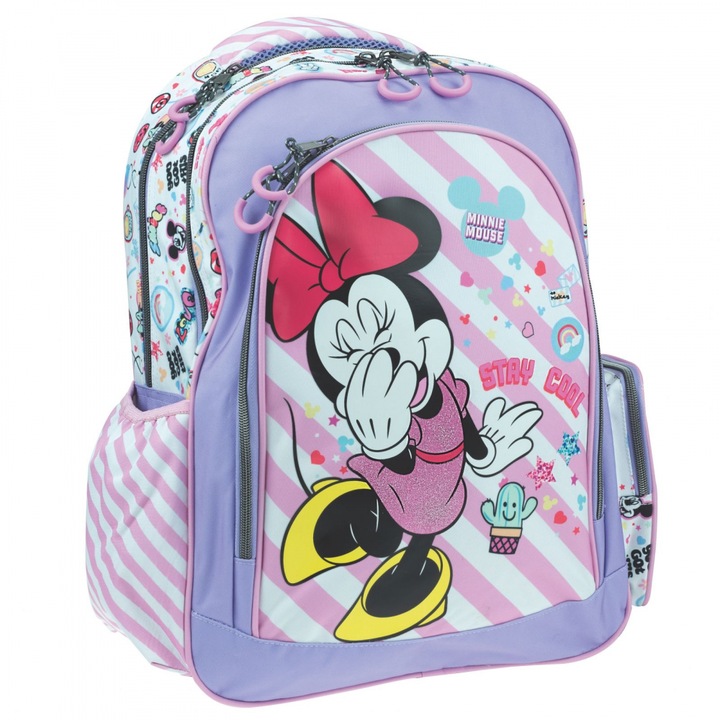 Ghiozdan scoala Minnie Stay Cool, cu trei compartimente, buzunare laterale pentru sticla apa si bretele ergonomice