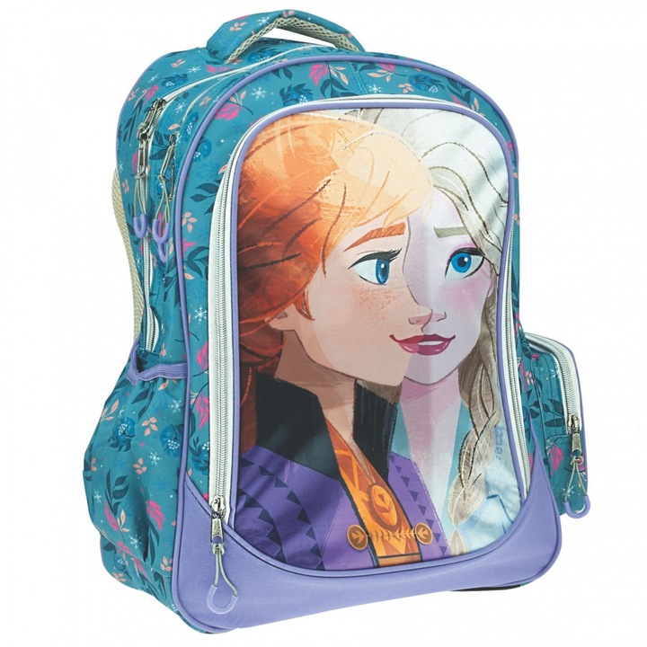 Ghiozdan scoala Disney Frozen Anna & Elsa, cu trei compartimente, buzunare laterale pentru sticla apa si bretele ergonomice