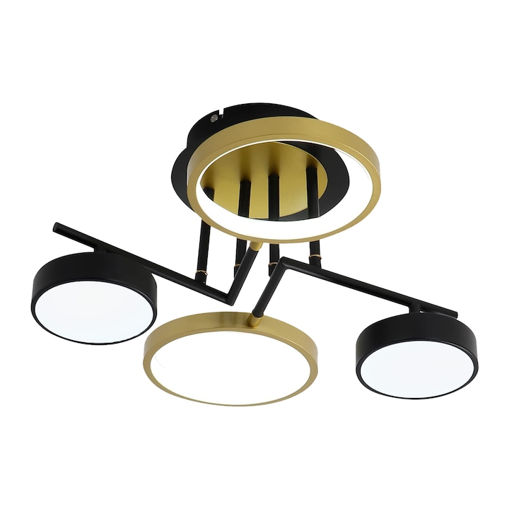 Candelabru LED modern, Toolight, 36W, Fier Forjat, Lampa Cu 4 inele, Aur Negru