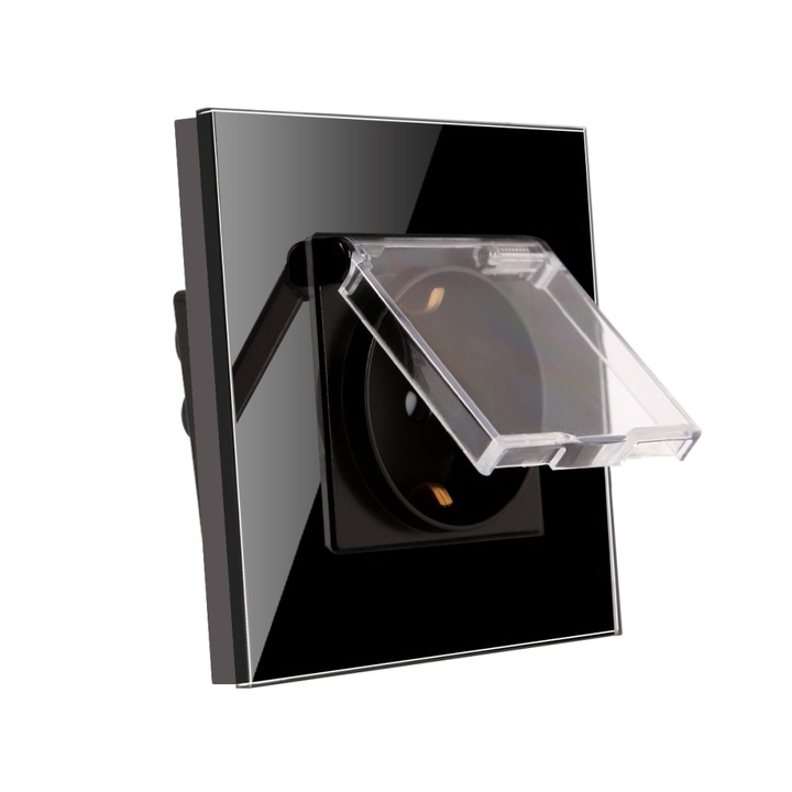 Priza Simpla cu Capac de Protectie cu Rama din Sticla Luxion, Negru