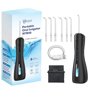 Irigator Bucal pentru Dus Bucal Portabil, Woya® WYA16, Rezistent la Apa, 6 Duze Profesionale, Limba si Parodontita, 6 Programe de Curatare, Presiune Reglabila 40-140 PSI, 1600 Pulsatii/min, Rezervor 240 ml, Oral, Baterie 2000mAh, Fara Fir, Negru