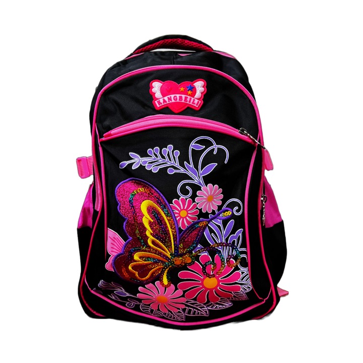 Ghiozdan Scoala, 3 Compartimente, Rezistent la Apa, Fluturas cu Paiete, 40x30x20 cm, Negru cu Roz