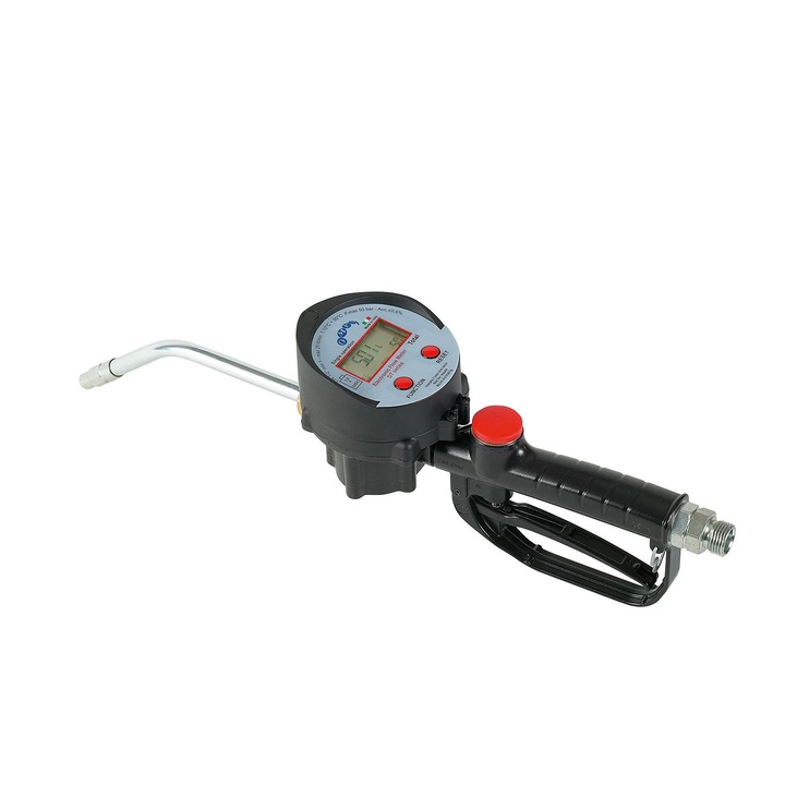 Contor digital de litri pentru ulei cu roti dintate ovale seria BLC cu pistol dozator, bara de protectie cauciuc, tub rigid ø 12 mm cu fiting opritor de picurare si articulatie pivotanta de admisie M 1/2 ”BSP