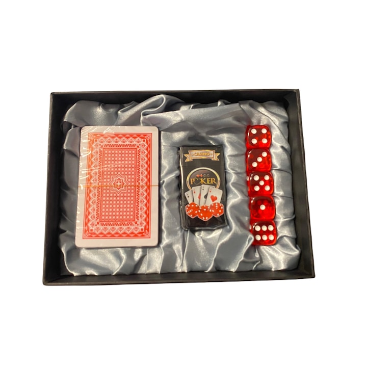 Подаръчен комплект Gentelo RioBox, първокласна метална запалка против вятър, пакет карти за игра на покер, 5 диаманта тип кристал за зарове