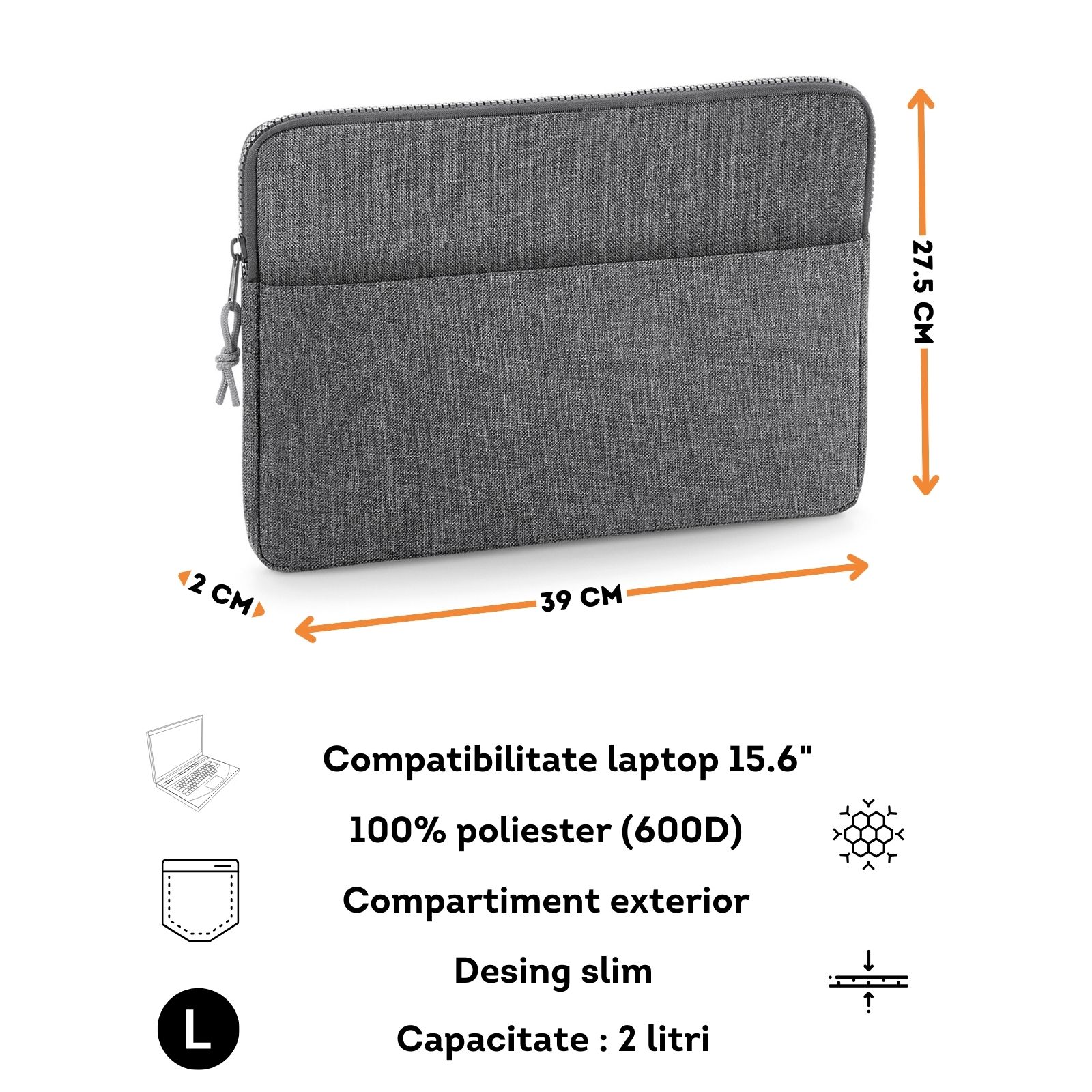 Husa de transport Essential Tech Protect compatibila laptop Apple MacBook Air, MacBook Pro Touch Bar din poliester 600D, 15" Inch, 39 x 27,5 x 2 cm, gri
