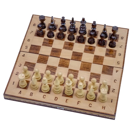 Joc Sah si Table din Lemn ROmde™, 38x38 cm, Maro cu Alb, Numerotat Alfanumeric