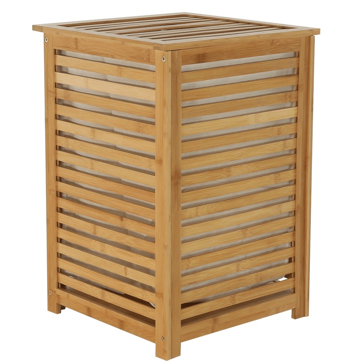 Cos pentru rufe DacEnergy©, realizat din bambus lacuit si material textil, cu spatiu de depozitare, design modern, 40x40x58 cm, bej