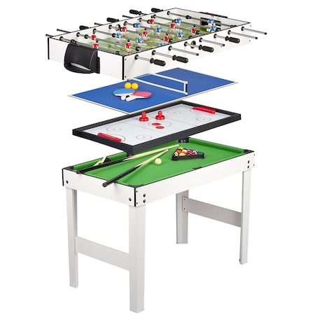 Pachet promo: Masa de joc fantastica 4 in 1, foosball, biliard, tenis, hochei, Leomark, 118 x 61 x 82 cm + Set 3 jucarii educative din lemn pentru bebelusi, Girafa, Leomark, Multicolor