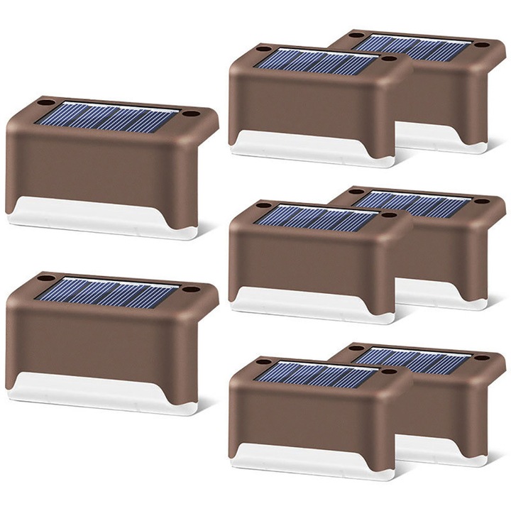 BOMSTOM Lépcsővilágító lámpa szett, 8 db, napelemes, fényérzékelő, ABS, 5 W, vízálló IP65, 7,8x4,5x4,2 cm, barna