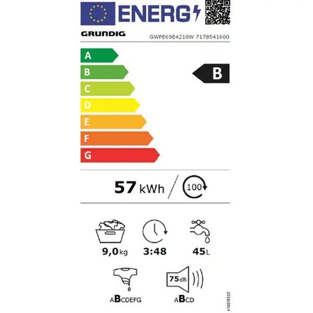 Masina de Spalat Rufe Frontala GRUNDIG GWPE69E4210W, HomeWhiz, 9kg, 1400rpm, Clasa B, Alb