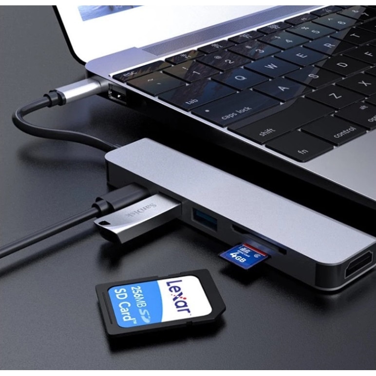 USB-C хъб Qyntech®, 6 в 1, Многопортов адаптер, HDMI 4K, SD/micro SD ...