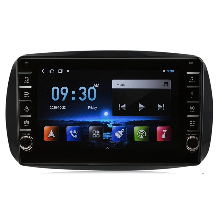 Navigatie AUTONAV Android GPS Dedicata Smart Fortwo 2014-2020, Model PRO Memorie 128GB Stocare, 6GB DDR3 RAM, Display 8" Full-Touch, WiFi, 2 x USB, Bluetooth, 4G, Octa-Core 8 * 2.0GHz, 4 * 50W Audio