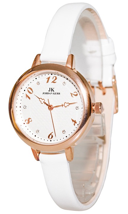 Ceas pentru femei Jordan Kerr, curea subtire din piele, cifre arabe, cristale Swarovski, alb/aur