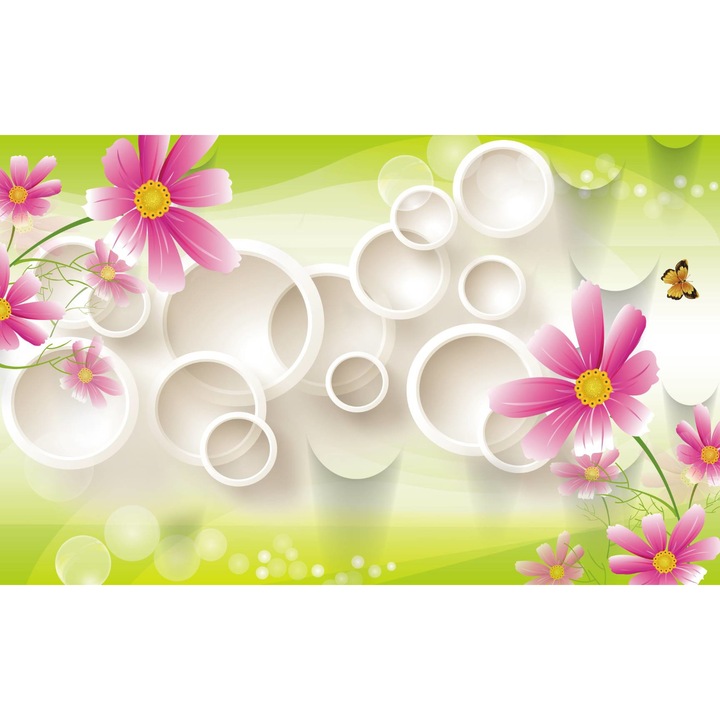 Sticker perete - Florile Roz Fluturii Si Cercurile 3d Abstract, 75x110 cm