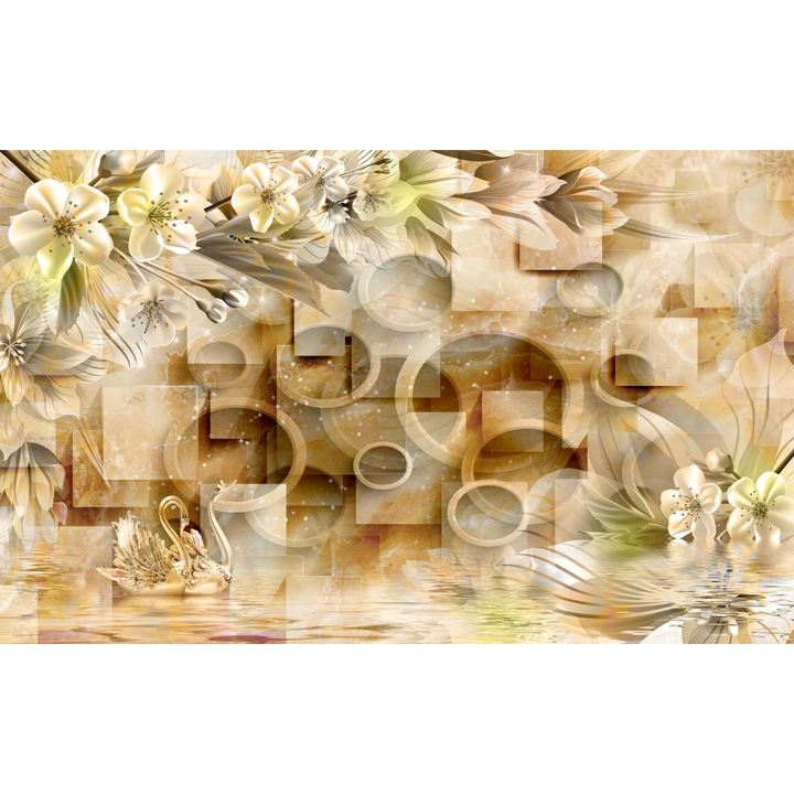 PVC öntapadó tapéta - Porcelán Swans Flowers and Circles 3d Abstract, 100 x 150 cm