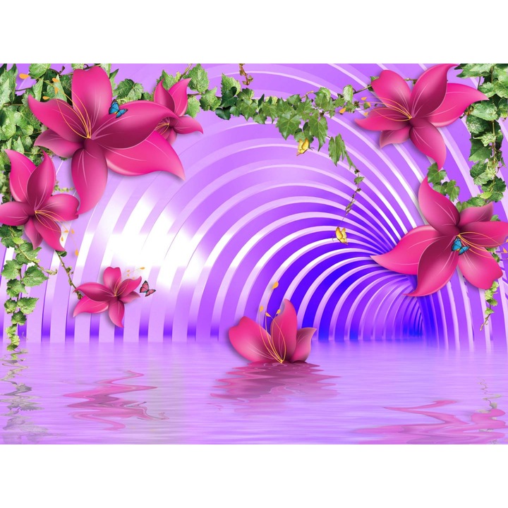 Sticker perete - Tunelul Mov Si Florile Colorate 3d Abstract, 70x105 cm
