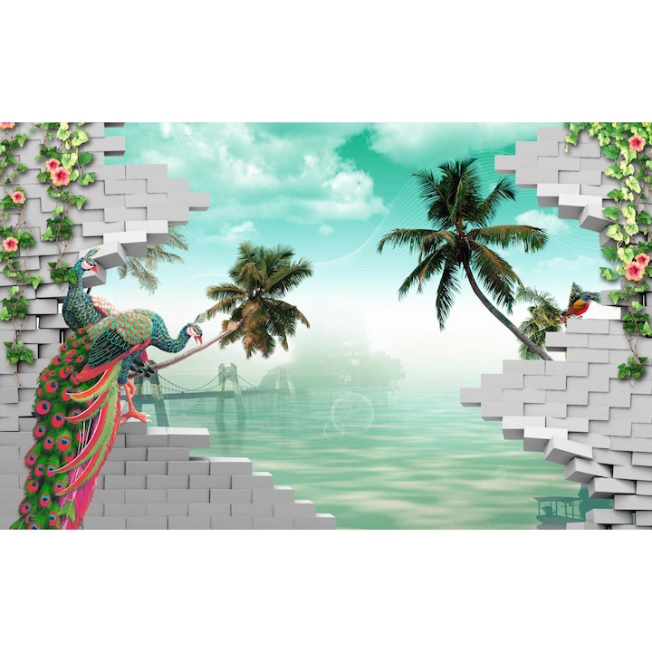 Öntapadó PVC tapéta - The Palm Peacock And The Wall 3d Abstract, 180 x 240 cm