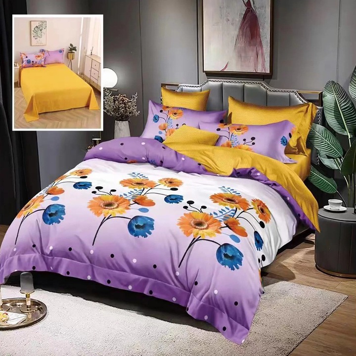 Спално спално бельо от фино двойно памучно бельо 6 части 220 x 240 см, Модерно, Жълто лилаво, Ralex Pucioasa M189
