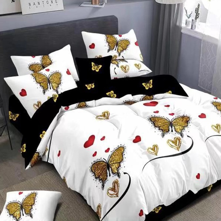 Спално спално бельо от фино двойно памучно бельо 6 части 220 x 240 см, щампа пеперуда, бяло черно, Ralex Pucioasa M161