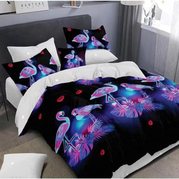 Спално спално бельо фино двойно памучно бельо 6 части 220 x 240 см, птици фламинго, лилаво сиво, Ralex Fucioasa M160
