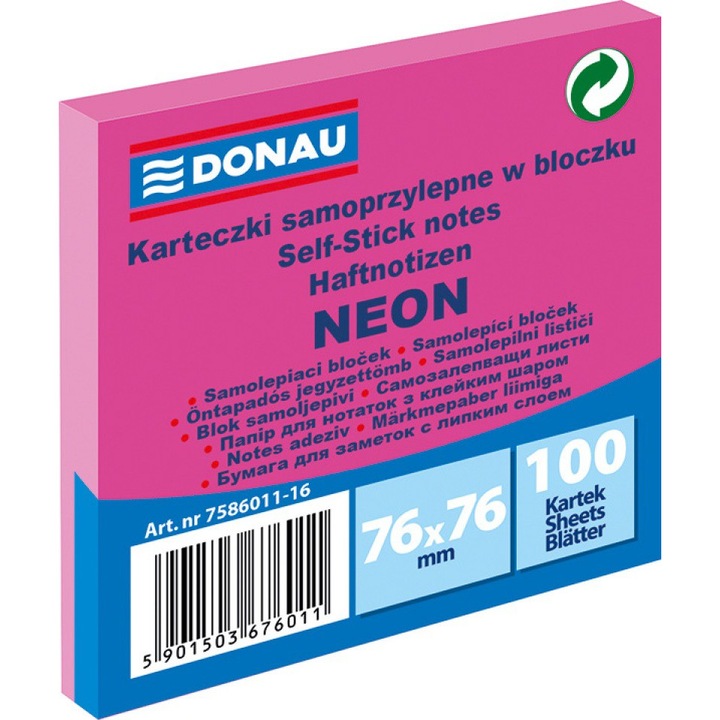 Cub notite adezive, DONAU, 100 file, 76x76 mm, Roz