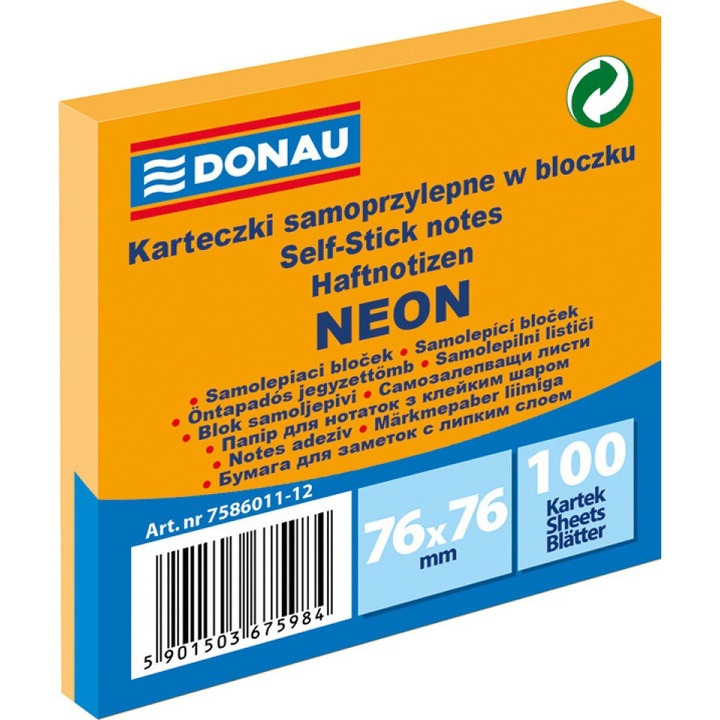 Cub notite adezive, DONAU, 100 file, 76x76 mm, Portocaliu