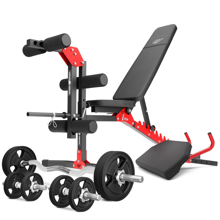 Set aparat multifunctional, Marbo Sport, MH1_68KG_KIER_G, Include: Banca reglabila in 9 pozitii, Preacher curl, Leg press, Haltere si greutati de 42 kg, Haltere Ø30mm (120cm si 2x 40cm drepte), Otel, Profil 40x40mm, Sarcina maxima 200kg, Negru/Rosu