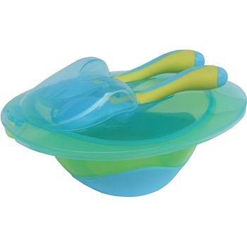 Bol Primii Pasi R0541 cu tacamuri si capac, Albastru/Verde Bol Primii Pasi R0541 cu tacamuri si capac, Albastru/Verde