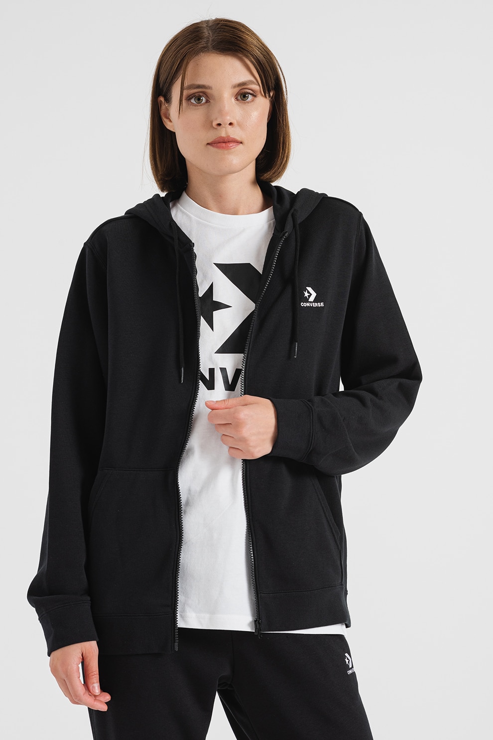 Converse, Унисекс худи с цип и джобове встрани, Черен, M - eMAG.bg
