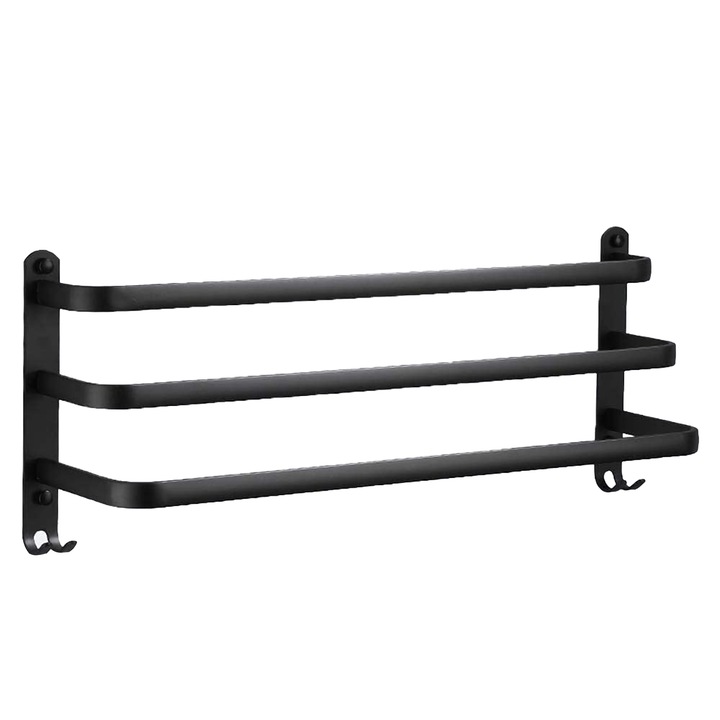 Suport prosoape din aluminiu，3 straturi cu carlige, Impermeabil,50cm, Negru