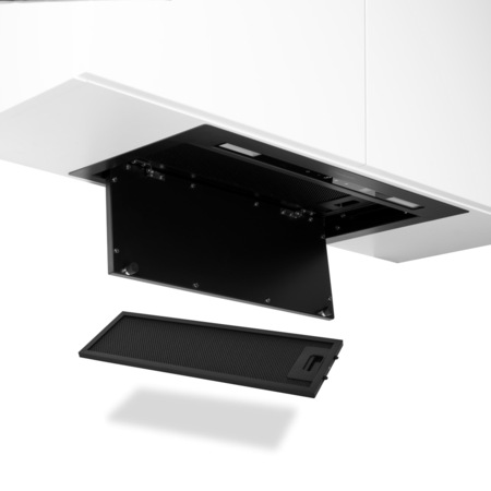 Hota incorporabila Turbionaire Thea 50 RCB, Negru, 800 mc/h, Clasa A+, Motor brushless, Control prin Gesturi si Touch, Telecomanda, Iluminare LED 4000K, Aspiratie perimetrala, 3 viteze + Boost, Filtru Inox si Aluminiu in 5 straturi